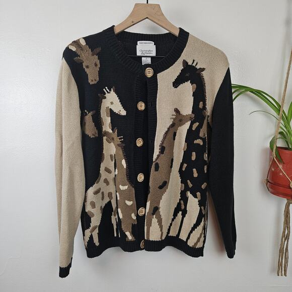 Vintage Giraffe Knit Cardigan Sweater M Black Brown Tan Christopher & Banks - Picture 1 of 9